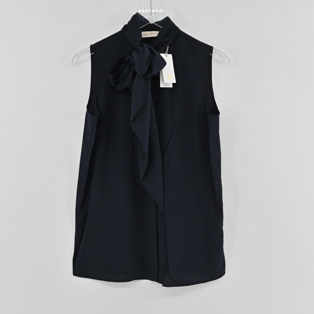 Tory Burch Pussy Bow Sleeveless Blouse Womens Size 4 Navy Blue Preppy Old Money